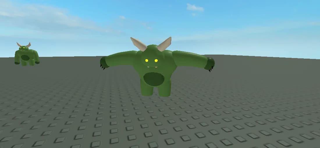 Le monstre fait par FleoCore, en plein rugissement dans Roblox Studio