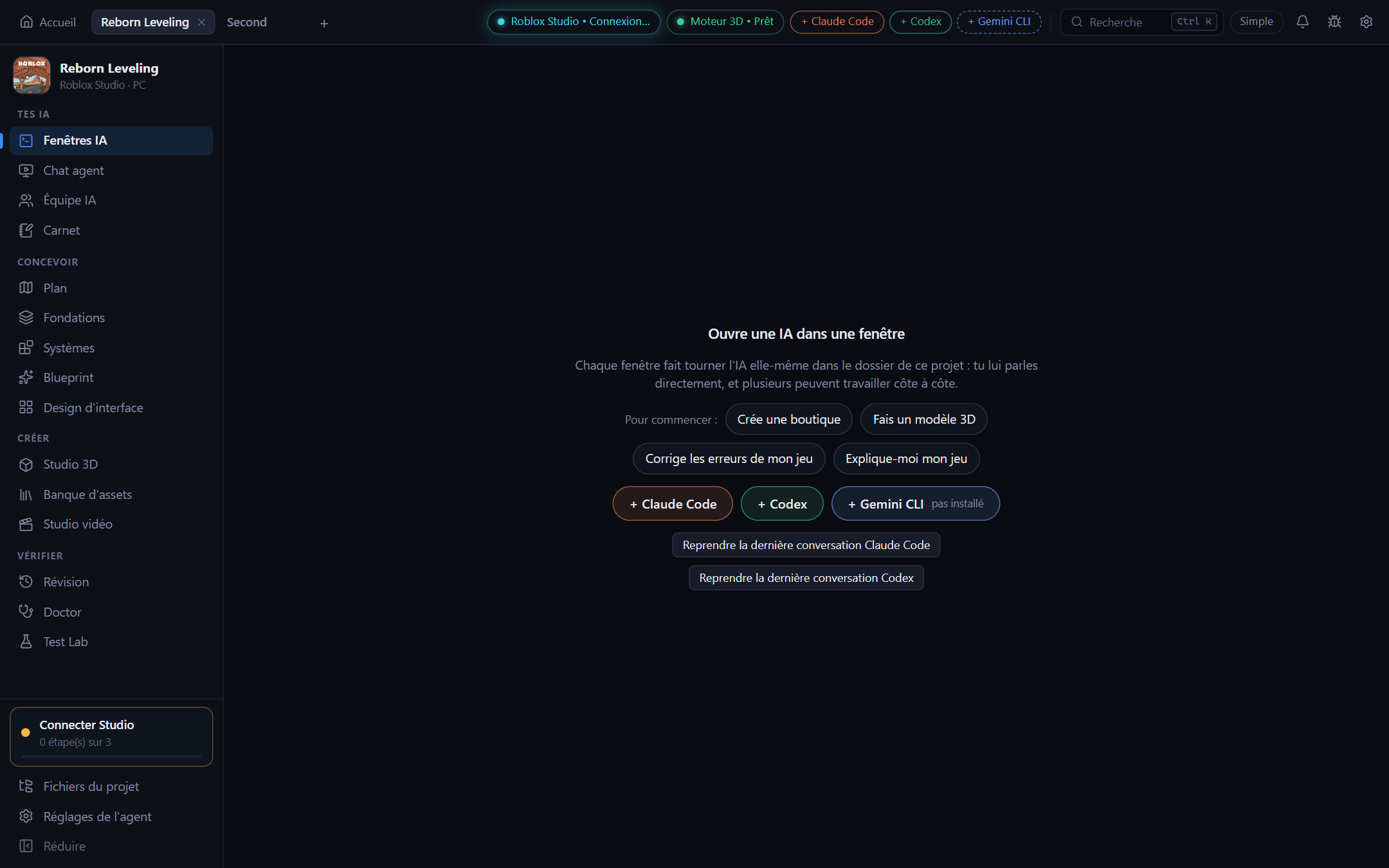 FleoCore, Fenêtres IA : ouvrir Claude Code, Codex ou Gemini CLI dans le projet
